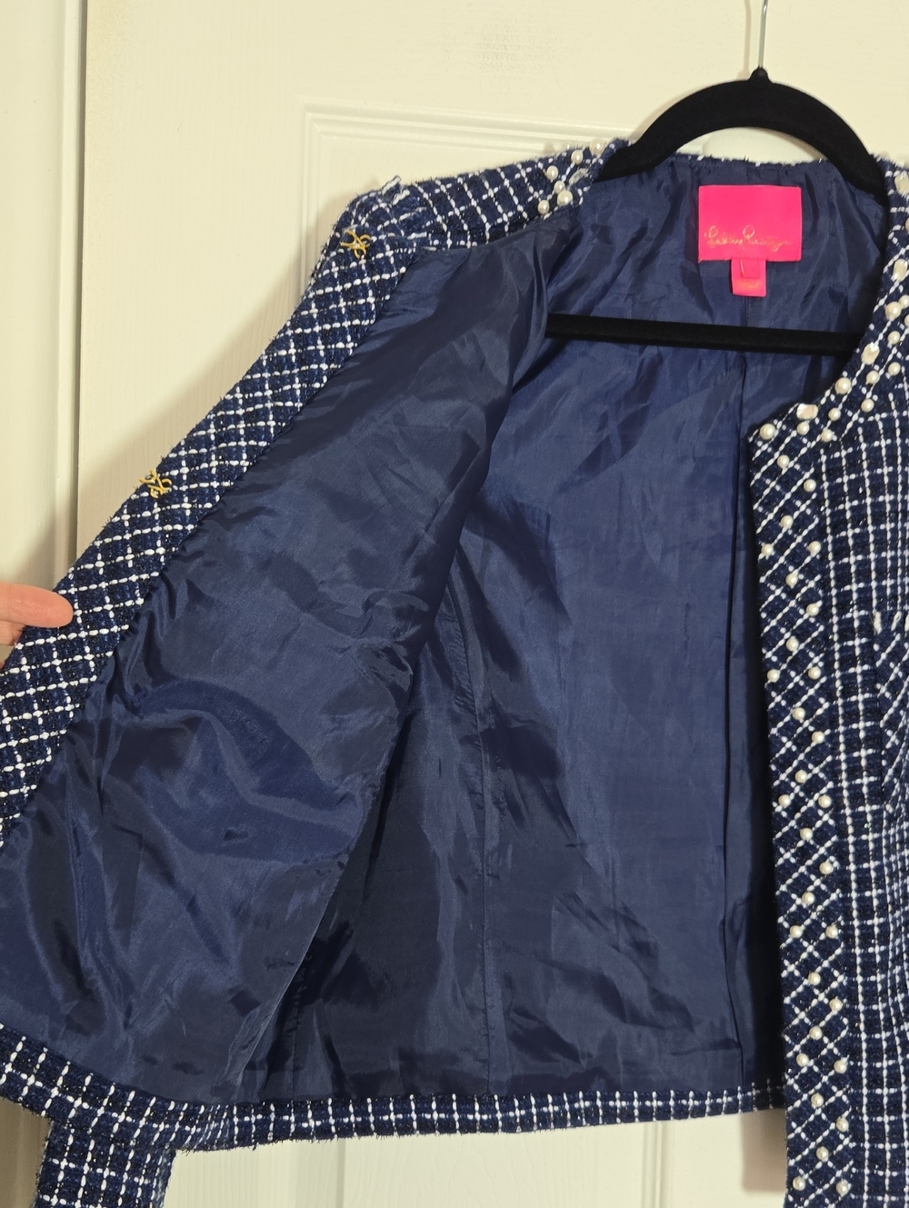 Lilly Pulitzer Vianne Tweed Jacket Low Tide Navy Size 8 Pearl Trim - Picture 13 of 16
